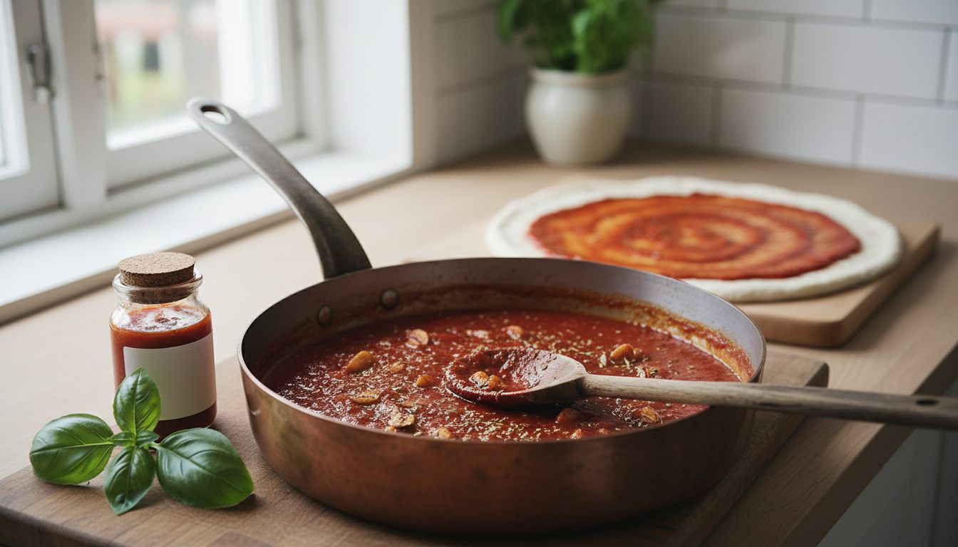Tykk, hjemmelaget pizzasaus i en vid kjele med tresleiv, et glass saus og fersk basilikum ved siden av og en pizzabunn med saus i bakgrunnen – oppskrift på godtnoe.no