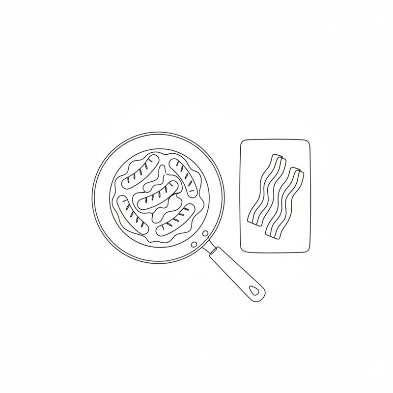 Illustrasjon: pølsene stekes i baconfettet i samme panne