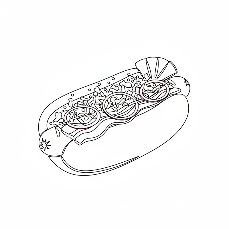 Illustrasjon: ferdig pølse i brød med bacon, syltet rødløk, sprøstekt løk, agurksalat og sennepsfrø