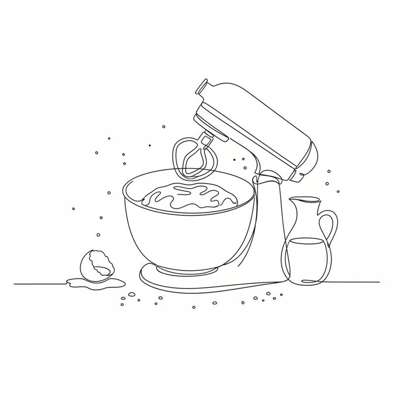 Illustrasjon: en kjøkkenmaskin elter en blank gjærdeig med eltekrok, med egg, olje og mel ved siden av bollen
