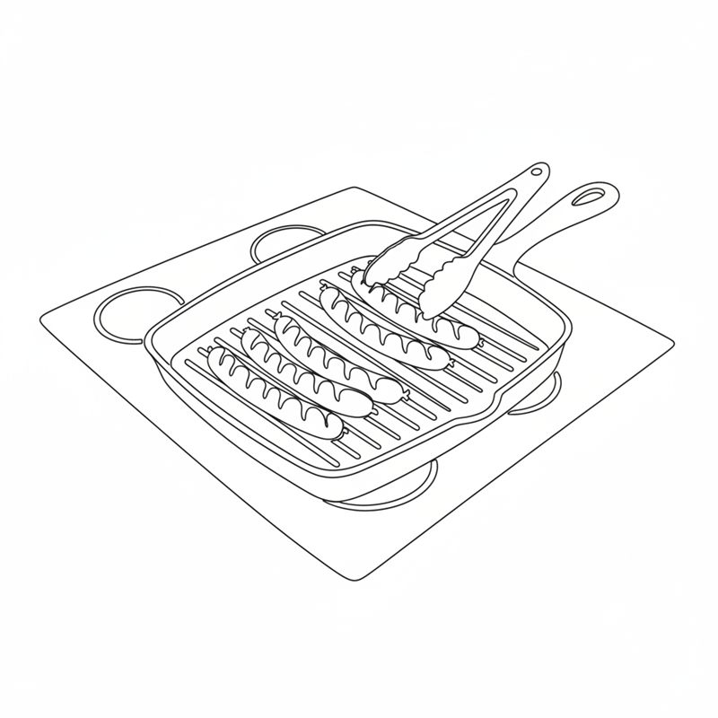 Illustrasjon: pølser ligger på en grillpanne med riller, og en tang snur den ene pølsen