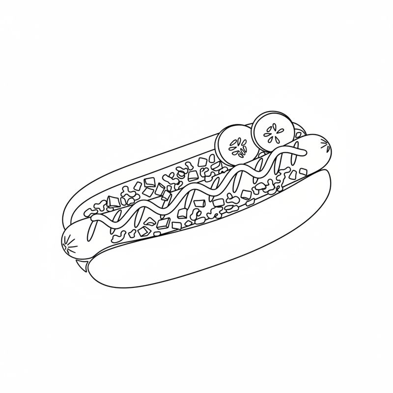 Illustrasjon: et pølsebrød flekket ovenfra med pølse, striper av sennep og ketchup, remulade i sikksakk, rå og sprøstekt løk og skiver av agurksalat