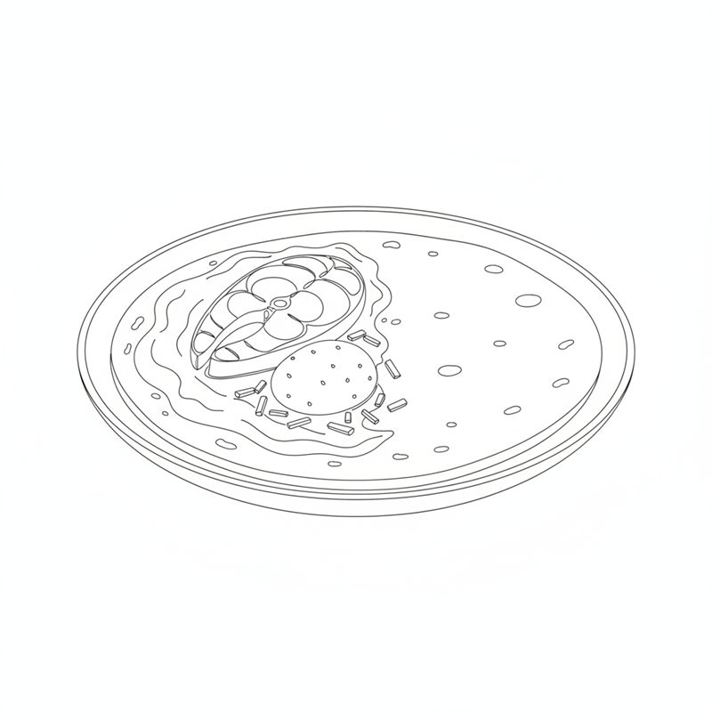 Illustrasjon: en potetlefse med rømme, en bit rakfisk, en kokt potet og hakket løk på den ene halvdelen, klar til å brettes over