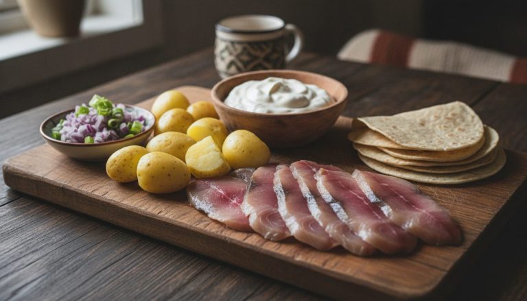 Rakfisk servert kald i skiver på et trefat med kokte mandelpoteter, seterrømme, finhakket rødløk, purre og potetlefse ved siden av – oppskrift på godtnoe.no