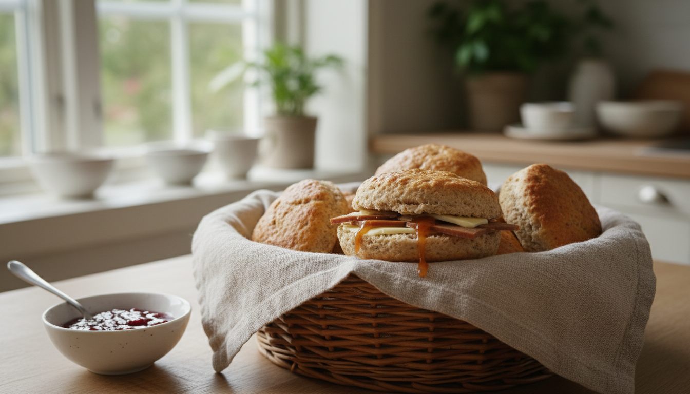Nystekte grove scones i en kurv med linklede, én delt med smør og brunost på godtnoe.no