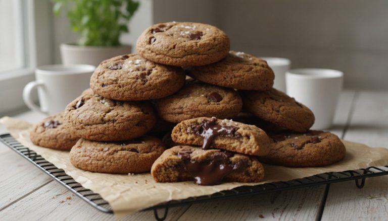 Store hjemmebakte cookies med sjokoladebiter og flaksalt på en kakerist, én brukket i to – oppskrift på cookies på godtnoe.no