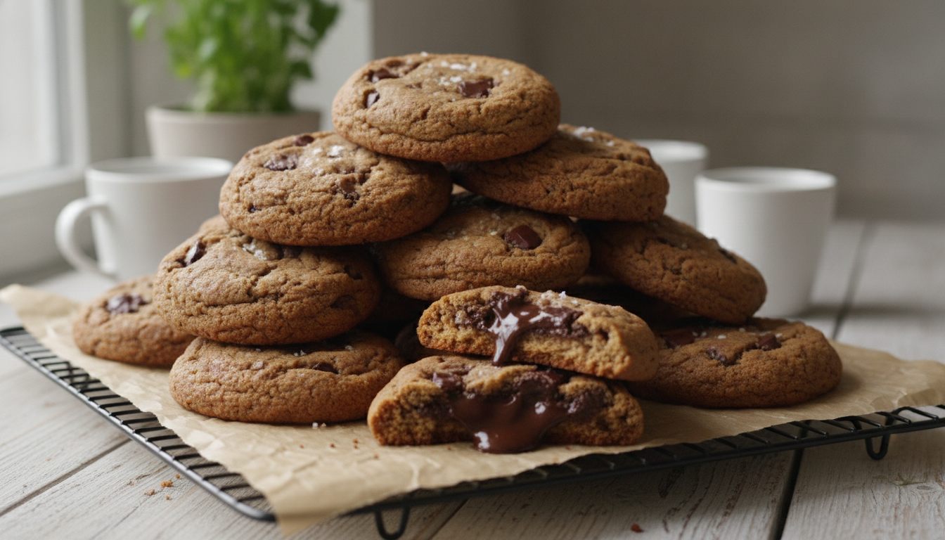 Store hjemmebakte cookies med sjokoladebiter og flaksalt på en kakerist, én brukket i to – oppskrift på cookies på godtnoe.no