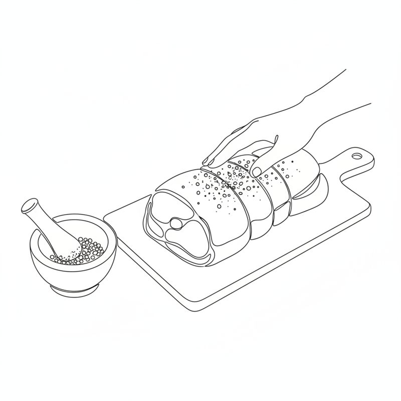 Illustrasjon: salt, pepper og knuste einebær gnis inn på en surret elgstek på et skjærebrett