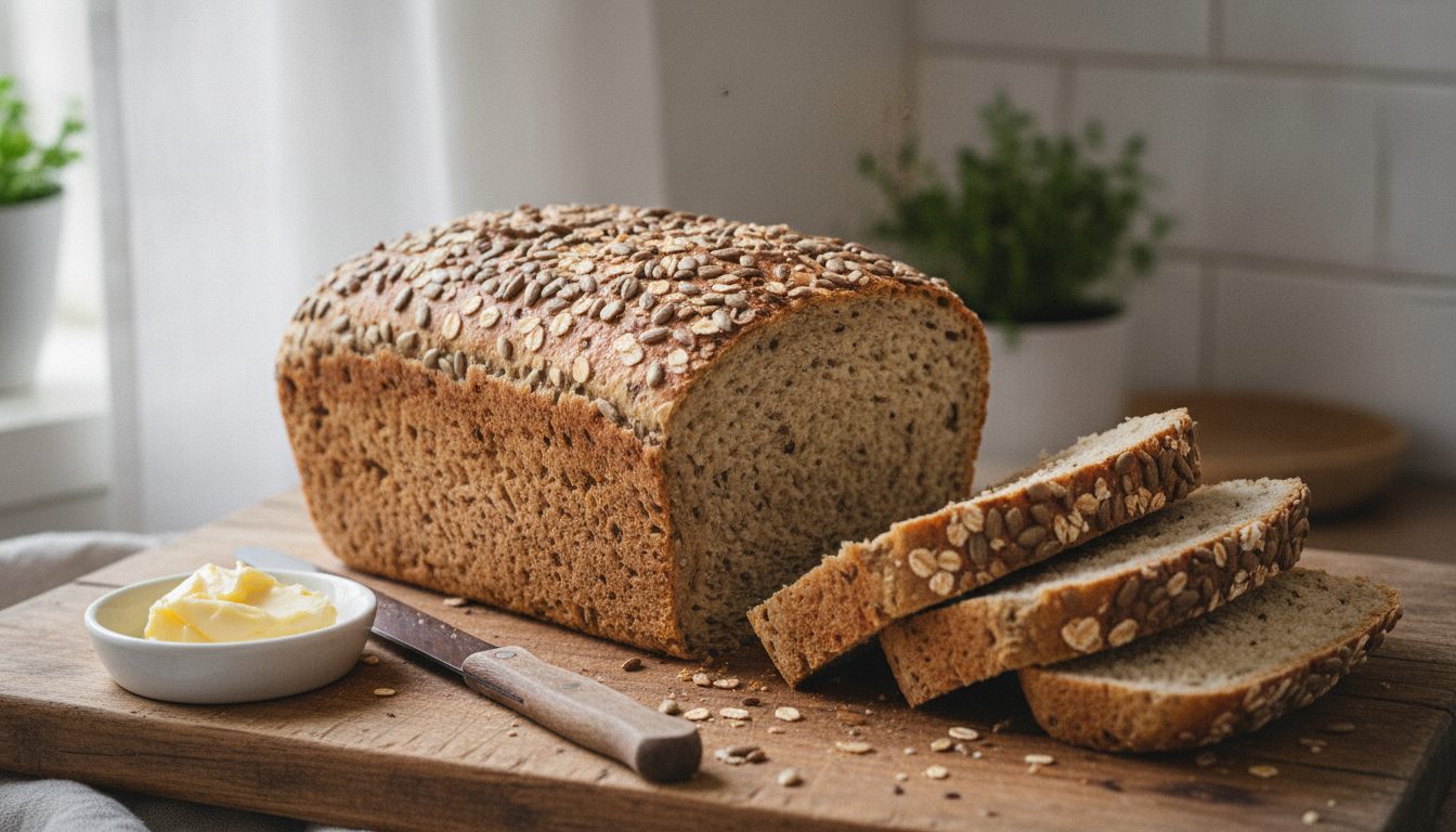 Nybakt halvgrovt eltefritt brød med solsikkekjerner på toppen og tre skiver skåret av, på en skjærefjøl – oppskrift på eltefritt brød på godtnoe.no