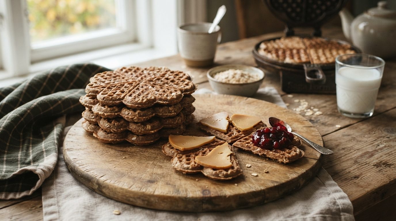 Stabel med grove vaffelhjerter med havregryn, servert med brunost og tyttebærsyltetøy på et trefjøl – oppskrift på godtnoe.no