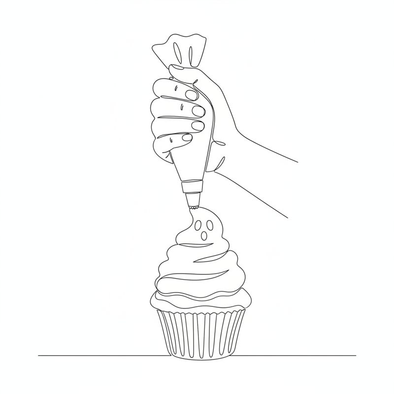 Illustrasjon: hvit frosting sprøytes i en høy spiral på en muffins for å lage et spøkelse