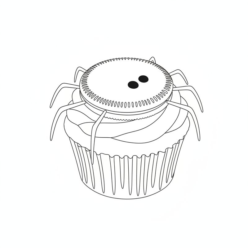 Illustrasjon: en rund sjokoladekjeks trykkes ned på en muffins med frosting, og sjokoladebein stikkes inn rundt den