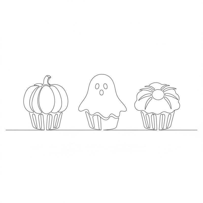 Illustrasjon: tre ferdige halloween muffins side om side – et gresskar med stilk, et spøkelse med øyne og en edderkopp med åtte bein