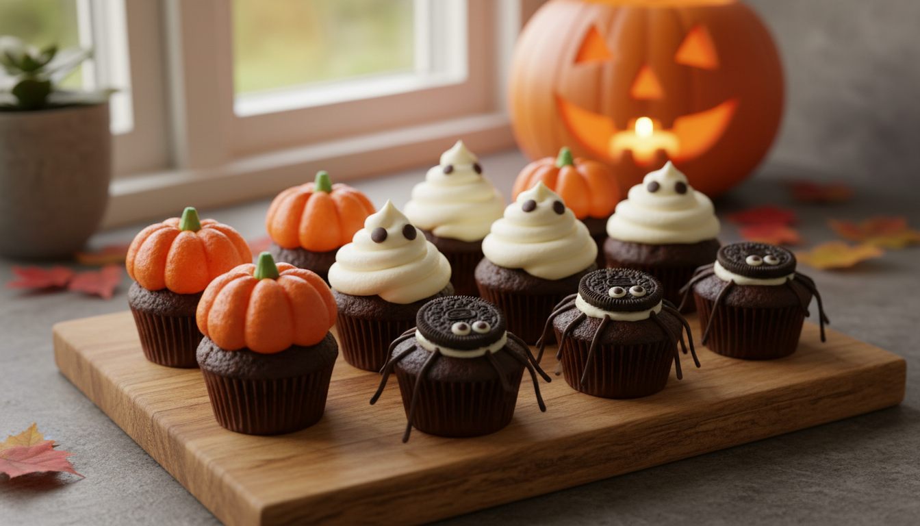 Sjokolademuffins pyntet til halloween som oransje gresskar, hvite spøkelser og edderkopper med sjokoladebein på et trefjøl – oppskrift på godtnoe.no