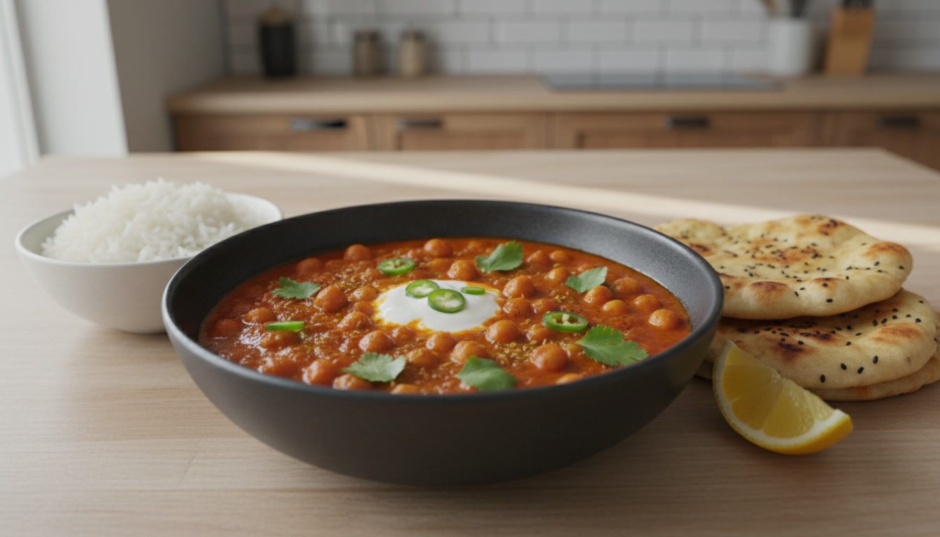 En dyp, mørkegrå skål med kikerter i tykk, oransjerød tomatsaus, med en klatt hvit crème fraîche i midten og tynne skiver grønn chili og friske korianderblader på toppen; til venstre en hvit skål med hvit ris, til høyre to naanbrød med svarte frø og en sitronbåt; lyst trebord med kjøkken i bakgrunnen.