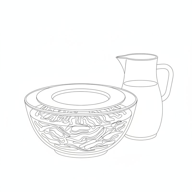 En glassbolle med kål under vann og en tallerken lagt oppå; en mugge med vann står ved siden av.