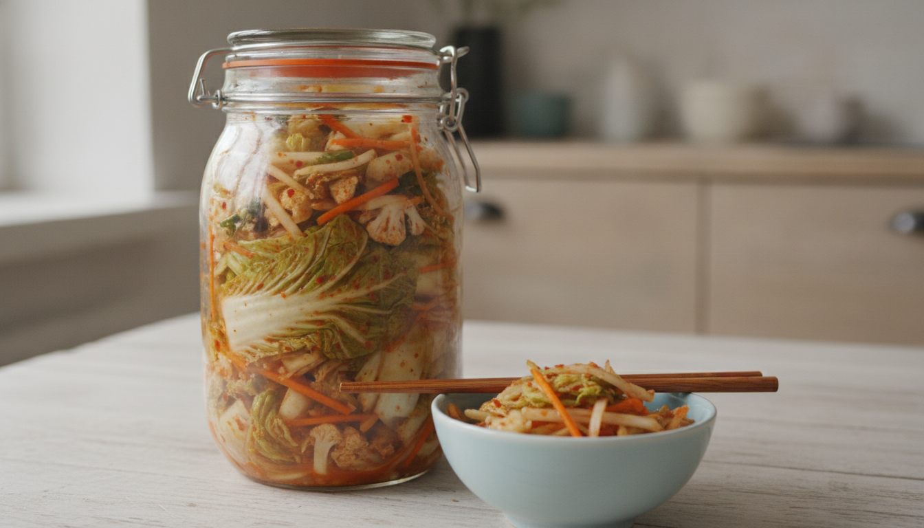 Et patentglass med oransje gummiring fylt med kimchi – kinakålblader, blomkålbuketter, strimler av gulrot og hvit reddik og røde chiliflak; til høyre en lyseblå skål med kimchi og spisepinner lagt over; lyst trebord med kjøkken i bakgrunnen.