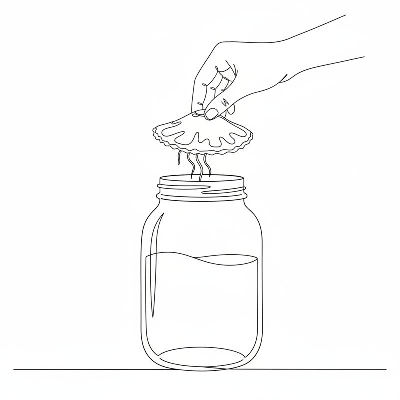 En hånd senker en flat SCOBY med bølgete kanter og hengende tråder ned i et glass med te.