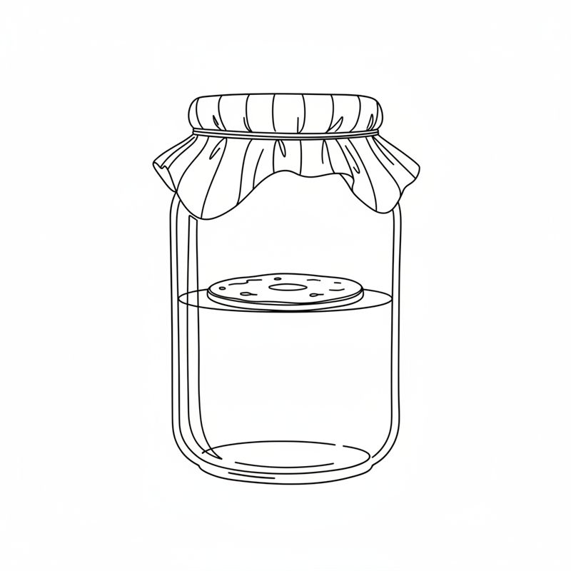 Et glass med te og en flat SCOBY i overflaten, dekket av et stykke stoff som holdes fast rundt halsen med en strikk.