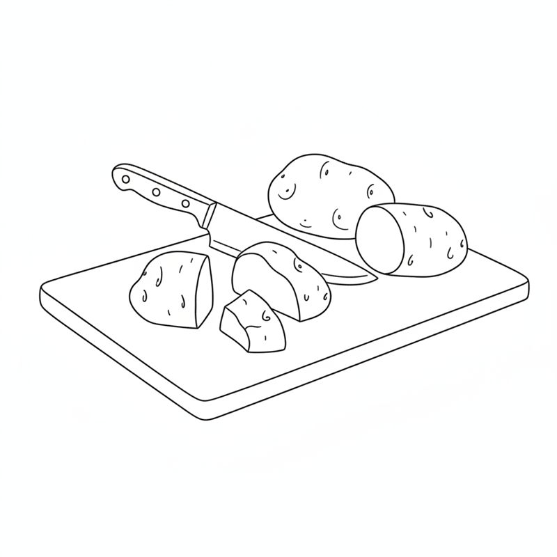 Tre bakepoteter på et skjærebrett, to av dem skåret i grove biter med en kokkekniv og én hel