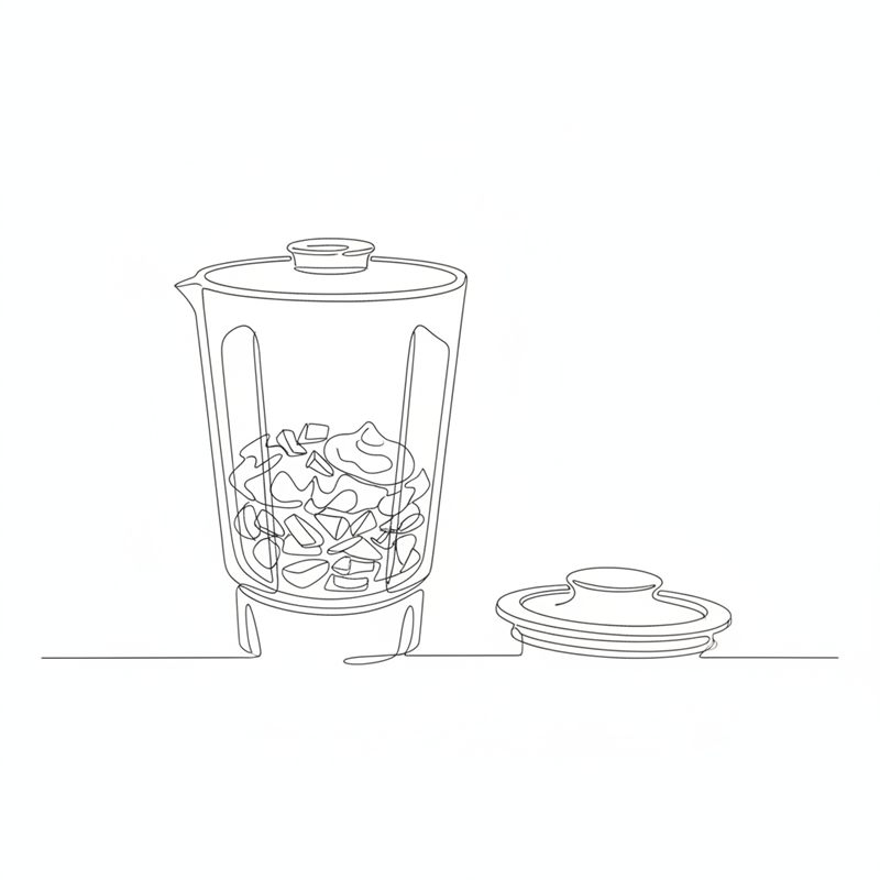 En blenderkanne med biter av laks og rødløk og en klatt crème fraîche, med et ekstra lokk liggende ved siden av