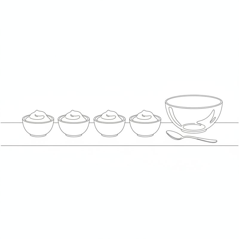 Fire små porsjonsskåler fylt med mousse på rad på et bord, med en tom røreskål og en skje ved siden av