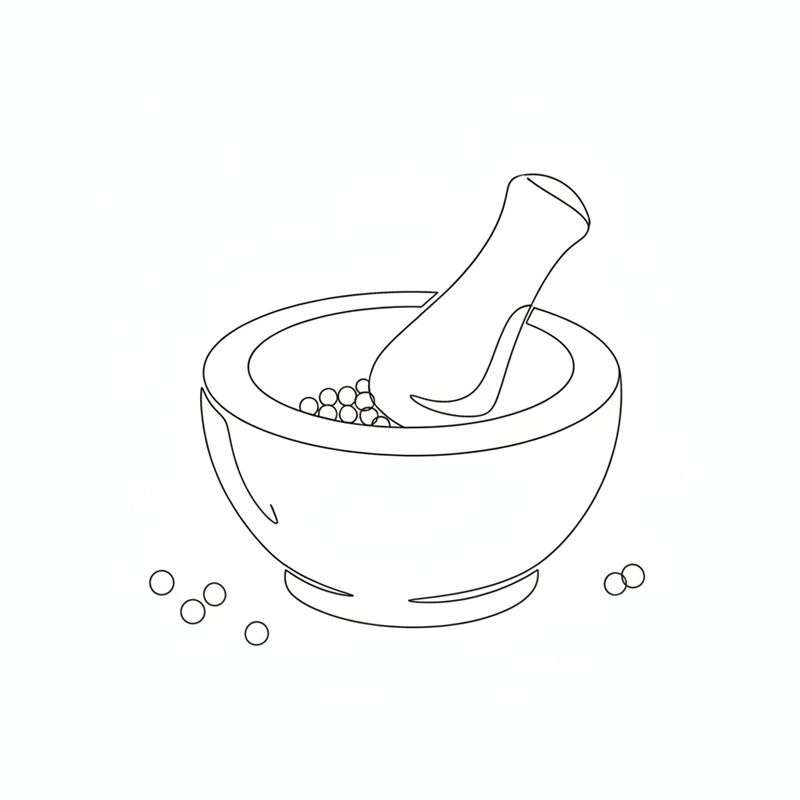 En morter med støter, fylt med små, runde pepperkorn, og et par løse pepperkorn ved siden av