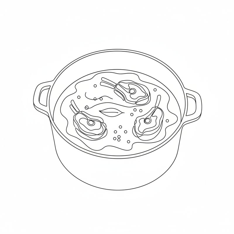 Illustrasjon: lammebog i skiver legges i en stor kjele med kaldt vann, laurbærblad og hele pepperkorn