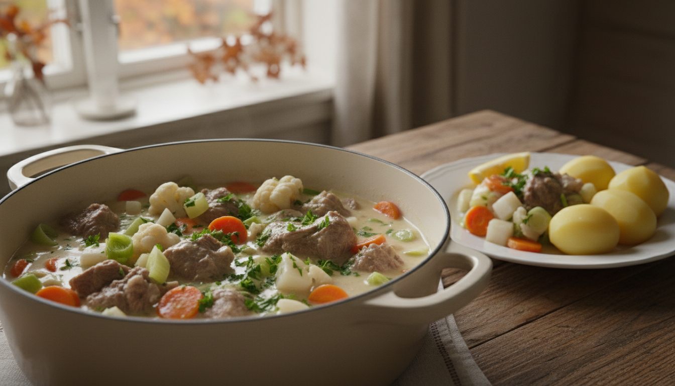Lammefrikassé med lammekjøtt, gulrot, purre, blomkål og sellerirot i kremet hvit saus, drysset med persille og servert med kokte poteter – oppskrift på godtnoe.no