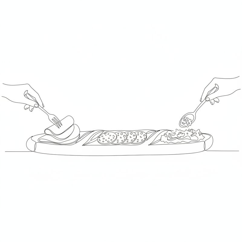 To hender med gaffel og skje legger brettede skinkeskiver og en skje salat på en lang baguette, der det allerede ligger runde pølseskiver i midten