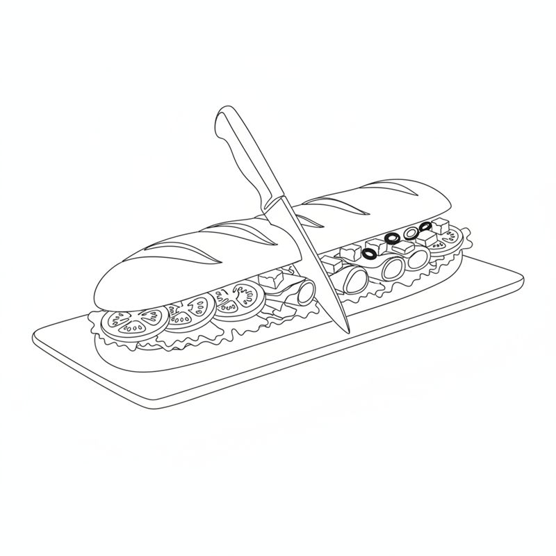 En kniv skjærer en lang fylt baguette med lokk, som en lang sandwich med salat og tomat, i stykker på et brett