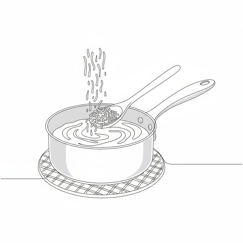 Illustrasjon: revet ost røres inn i en tykk hvit saus i en kjele som står på et grytebrett ved siden av komfyren