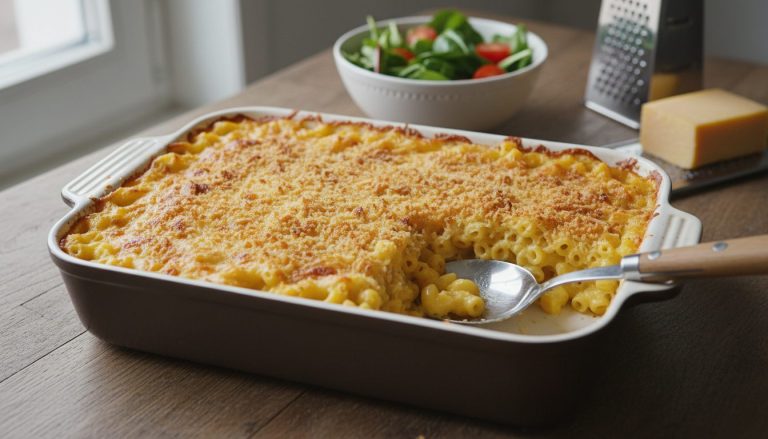 Ildfast form med gyllen mac and cheese, kremet makaroni i ostesaus under en sprø topp av ost og brødrasp – oppskrift på godtnoe.no