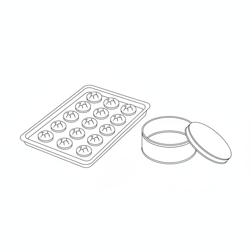 En stekeplate med bakte makroner med revnet topp, ved siden av en åpen rund boks og lokket