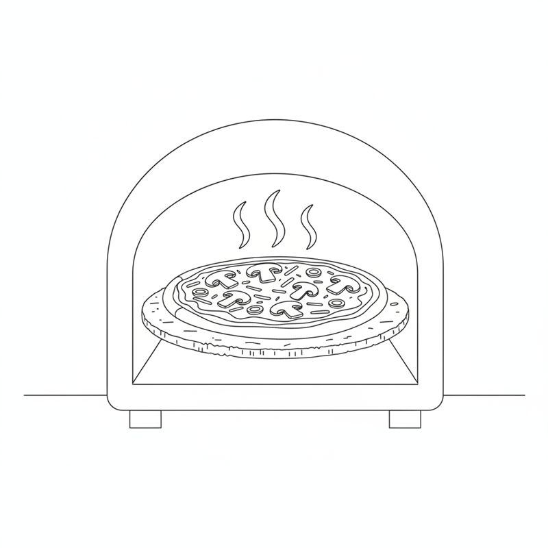 En pizza med sjampinjong og oliven på en pizzastein i en hvelvet ovn, mens damp stiger opp