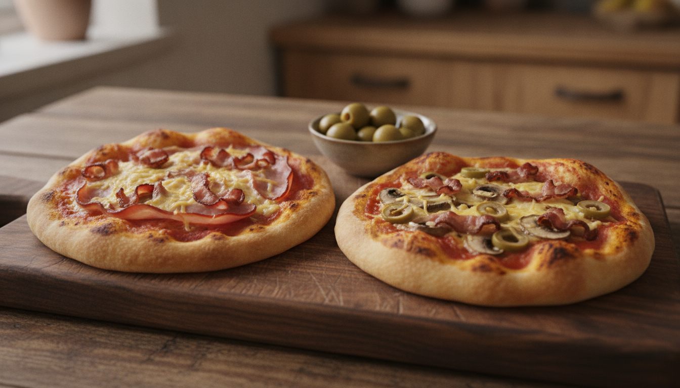 To runde, hjemmelagde små pizzaer med luftig, lett brunet kant på et mørkt trebrett på et trebord. Pizzaen til venstre har tomatsaus, smeltet ost og krøllete skiver skinke eller bacon, pizzaen til høyre har tomatsaus, ost, sjampinjongskiver, skiver av grønne oliven og biter av skinke eller bacon. Bak pizzaene står en liten skål med hele grønne oliven, og kjøkkenskuffer ses uskarpt i bakgrunnen.