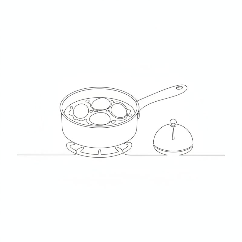 Fire egg koker i en liten kjele på en komfyr, med et eggeur ved siden av