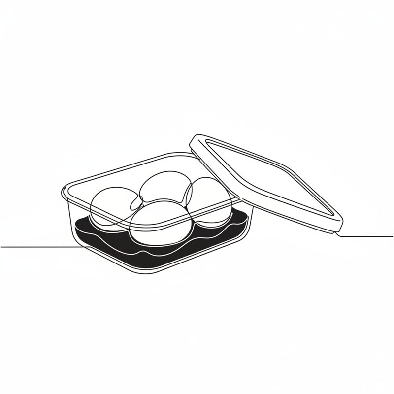 Pillede, hardkokte egg i en boks med mørk marinade, og lokket lent mot siden av boksen