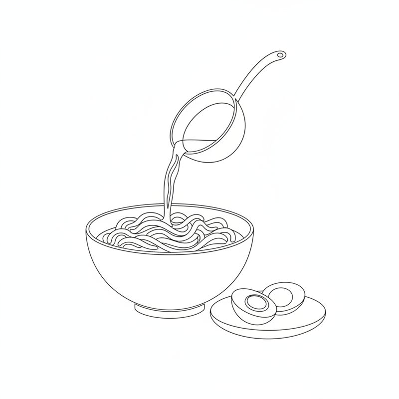 Suppe helles fra en øse over tykke nudler i en dyp skål, med et halvert egg på en liten tallerken ved siden av
