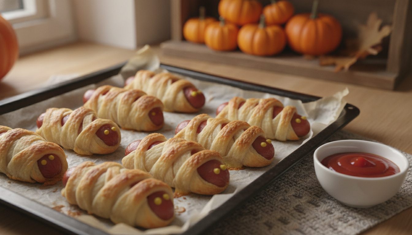 Mumiepølser til halloween – pølser surret i gyllenbrune deigstrimler med sennepsøyne, på et stekebrett med ketchup ved siden av – oppskrift på godtnoe.no