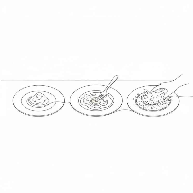 Tre tallerkener på rad med mel, sammenpisket egg med en gaffel og griljermel, mens en hånd vender en kroket i griljermelet