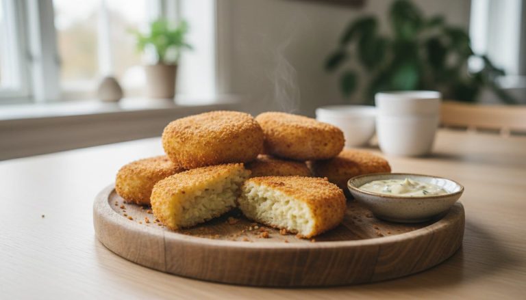 Potetkroketter med sprø, gylden panering, litt flate på toppen og stablet på et rundt trebrett på et lyst trebord. To av dem er brutt i to, så den myke, lyse potetmosen vises. Ved siden av står en liten skål med en lys, kremet saus med grønne urter. I bakgrunnen ses hvite kopper og en grønn potteplante ved et vindu.