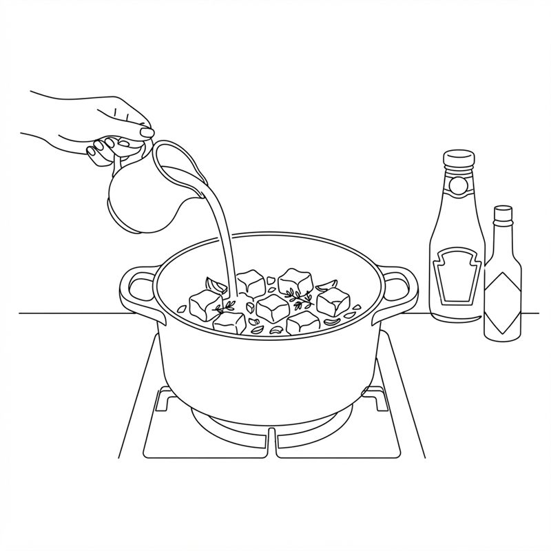 En hånd heller fløte fra en liten mugge ned i gryten med kjøtterninger, med en ketchupflaske og en liten flaske saus ved siden av