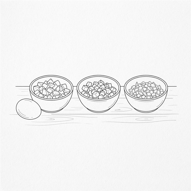 Tre små skåler på rad med hakket egg, biter av syltede rødbeter og løkterninger, med et helt egg ved siden av