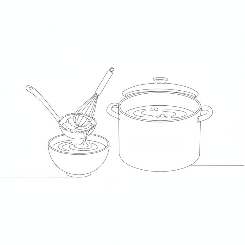 Illustrasjon: kremost piskes glatt i en øse varm suppe i en liten bolle ved siden av gryta