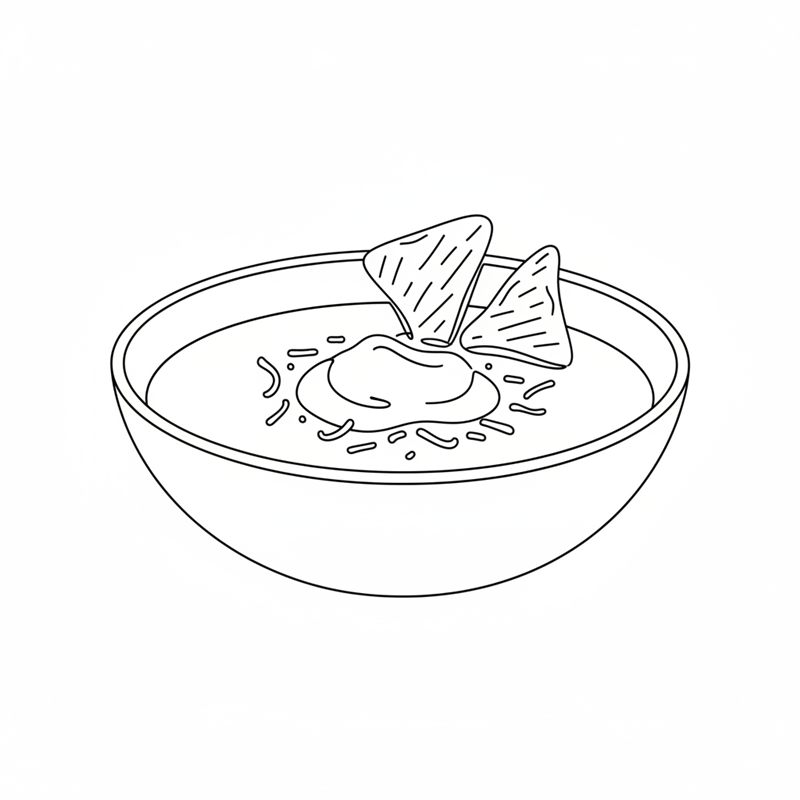 Illustrasjon: en skål tacosuppe toppet med rømme, revet ost og tortillachips