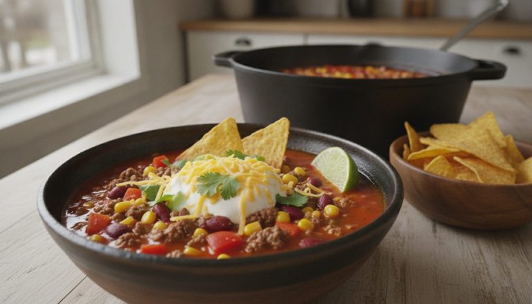 Skål med rød tacosuppe med kjøttdeig, kidneybønner og mais, toppet med rømme, revet ost, tortillachips og koriander – oppskrift på godtnoe.no